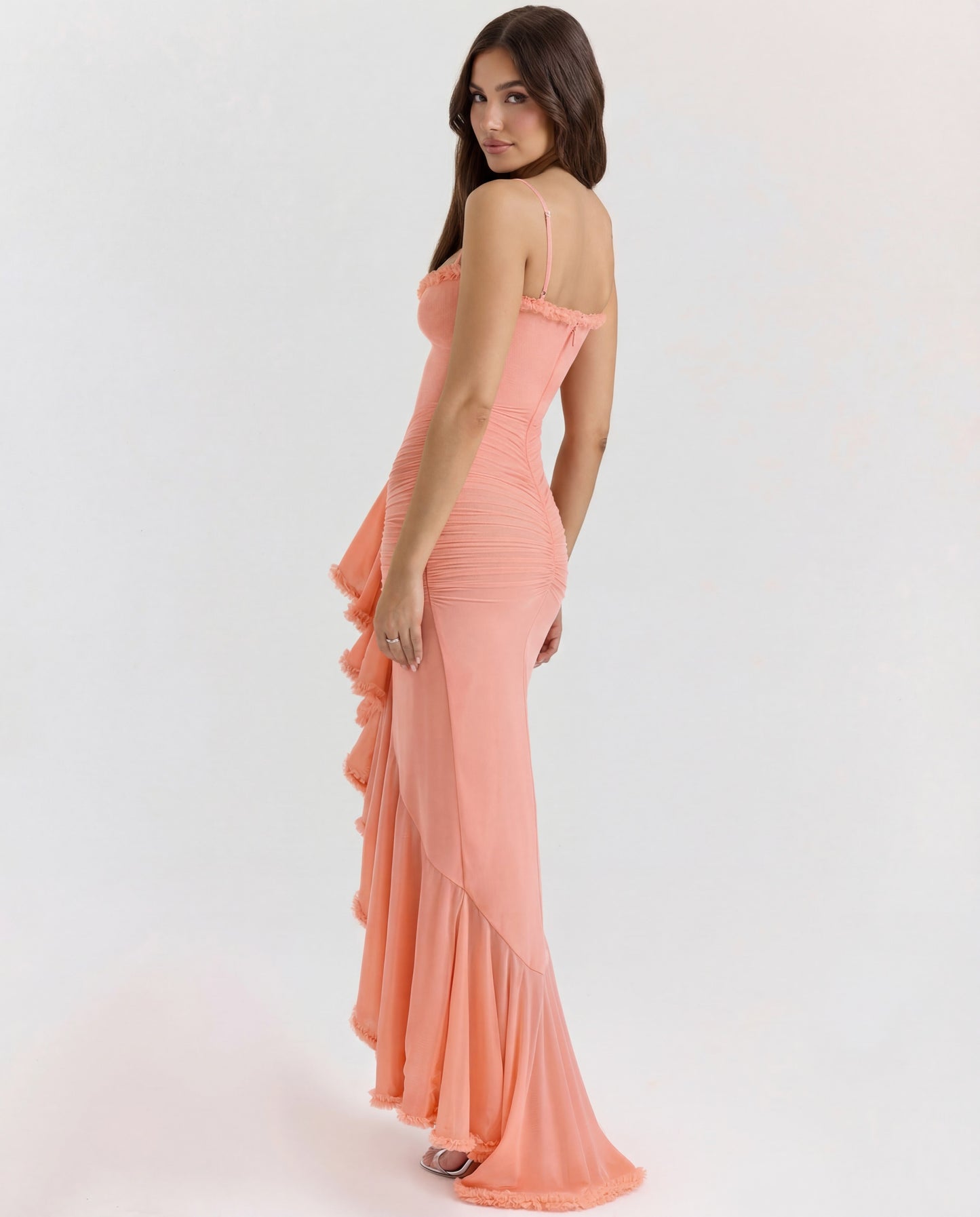 Sweetheart Ruched Maxi Dress With Cascading Ruffle and High Slit