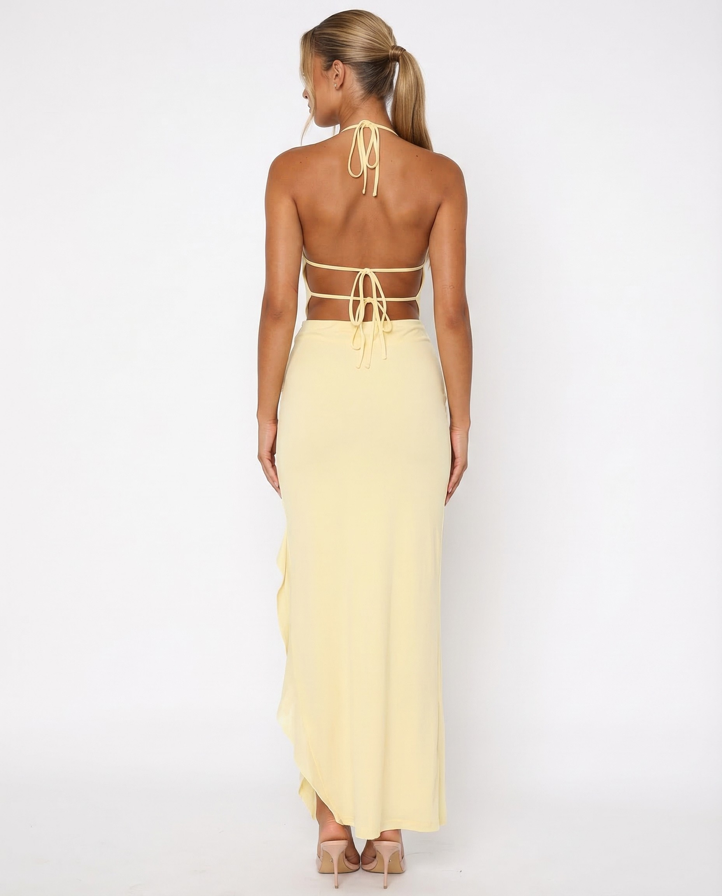 Plunging Backless Maxi Dress With Ruffle Trim and Side Slit