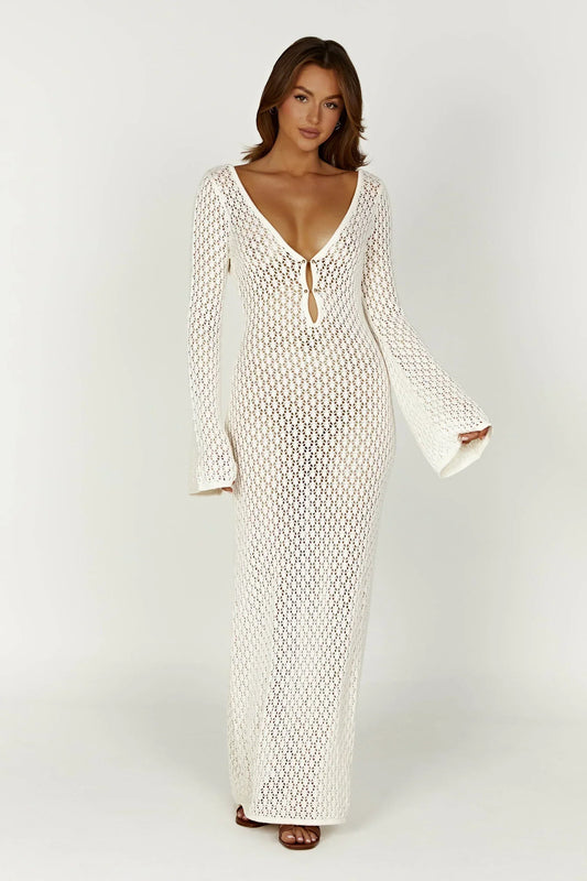Open Knit Maxi Dress With Flared Sleeves and Long Skirt