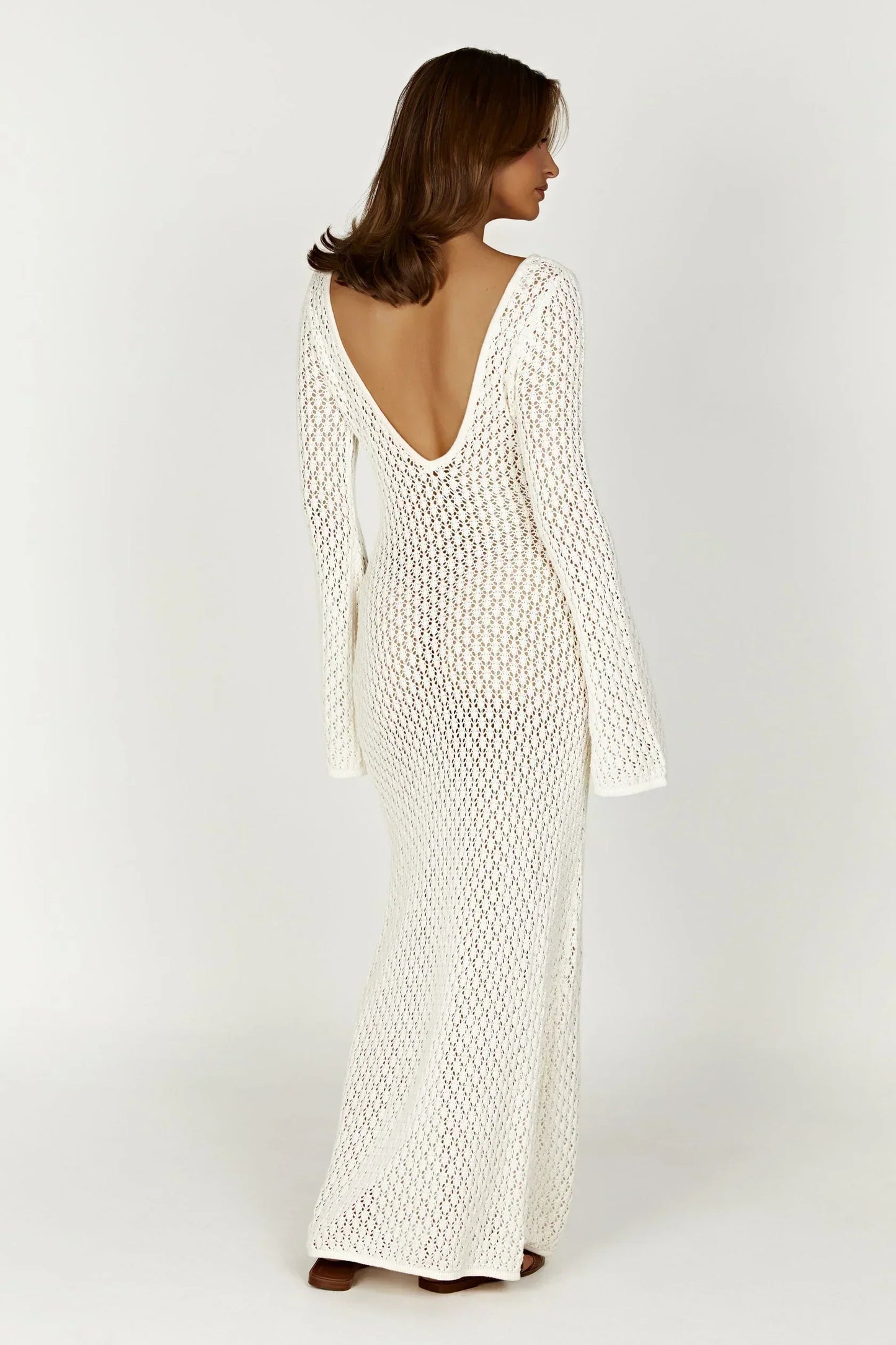Open Knit Maxi Dress With Flared Sleeves and Long Skirt