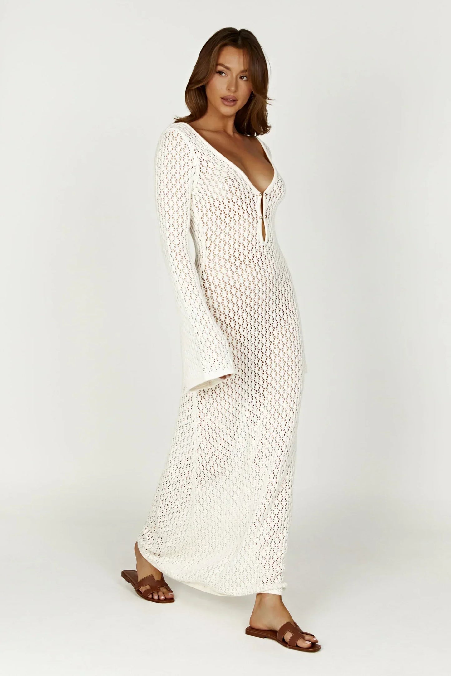 Open Knit Maxi Dress With Flared Sleeves and Long Skirt