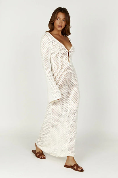 Open Knit Maxi Dress With Flared Sleeves and Long Skirt