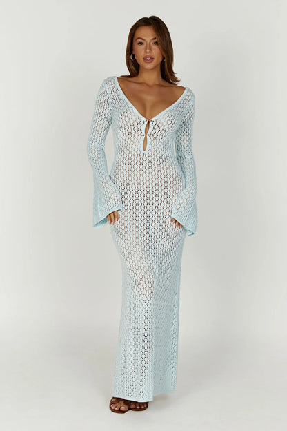 Open Knit Maxi Dress With Flared Sleeves and Long Skirt