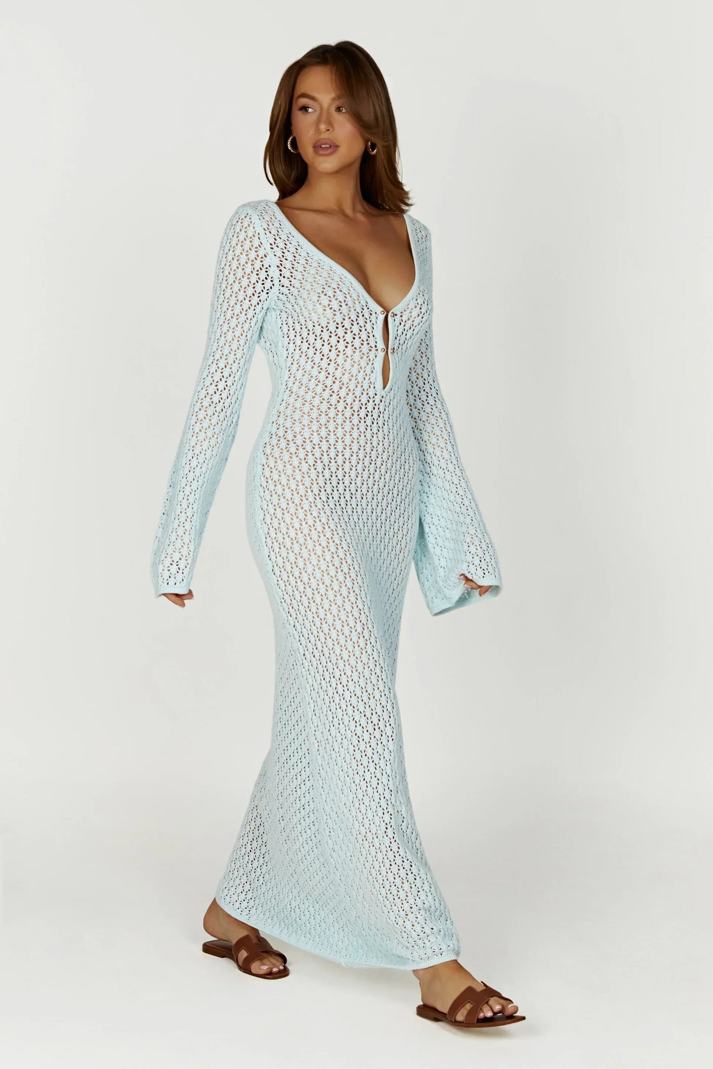 Open Knit Maxi Dress With Flared Sleeves and Long Skirt