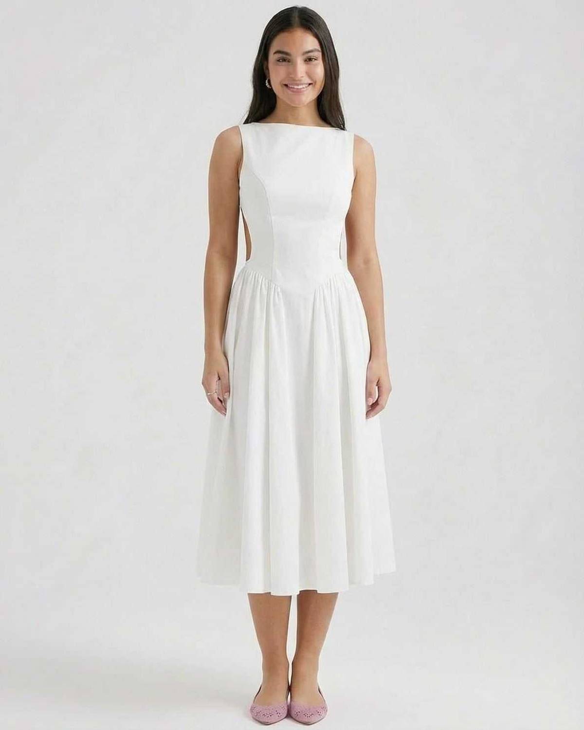 Open Back A-Line Midi Dress With Sleeveless Bodice and Flared Skirt