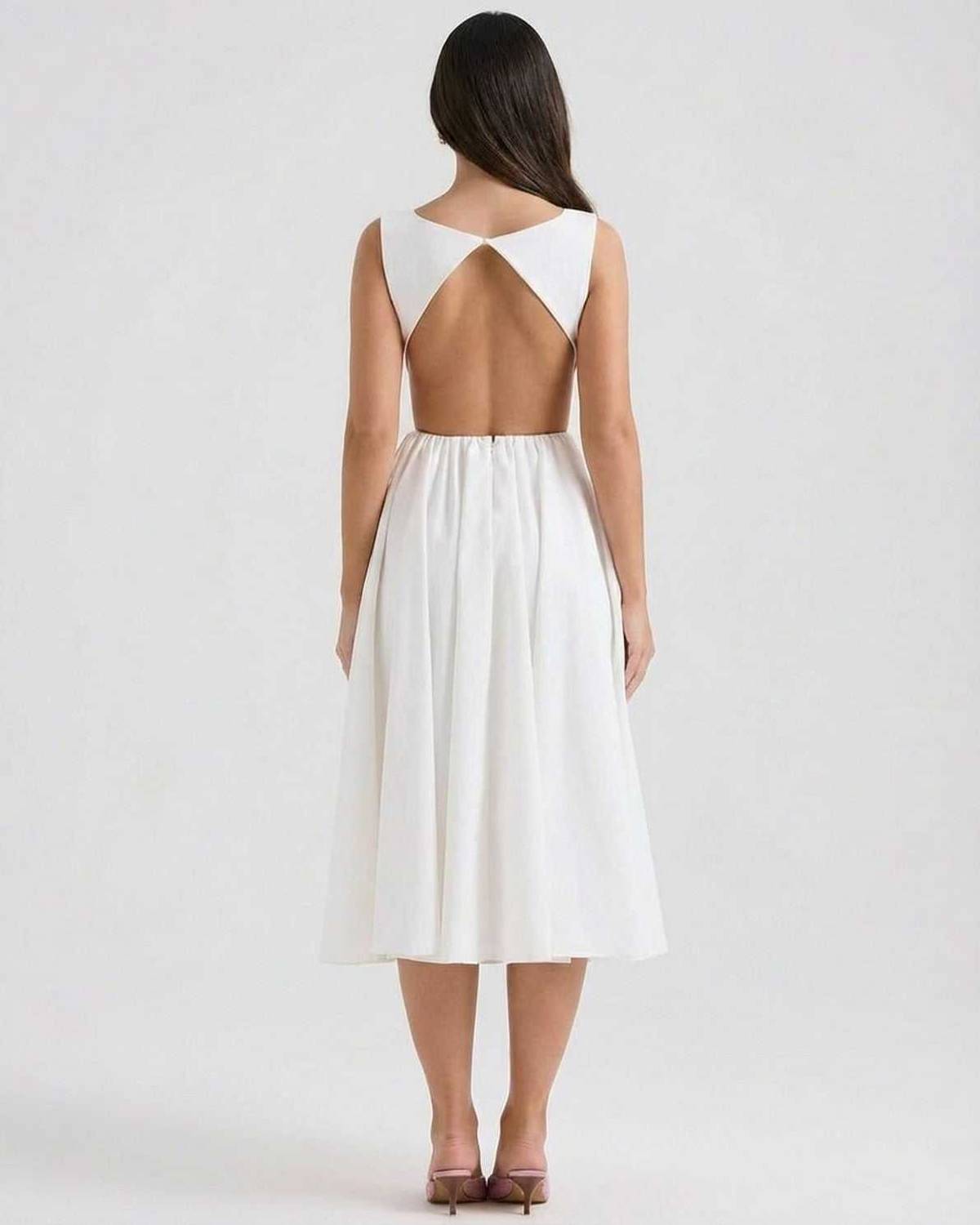 Open Back A-Line Midi Dress With Sleeveless Bodice and Flared Skirt