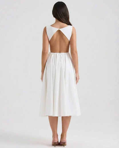 Open Back A-Line Midi Dress With Sleeveless Bodice and Flared Skirt