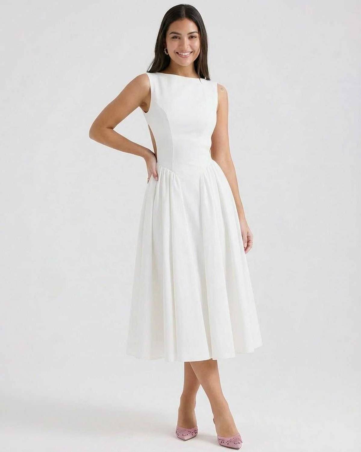 Open Back A-Line Midi Dress With Sleeveless Bodice and Flared Skirt