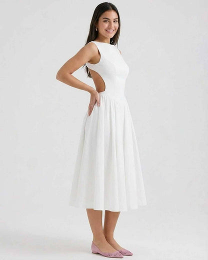 Open Back A-Line Midi Dress With Sleeveless Bodice and Flared Skirt