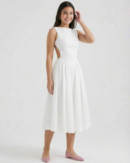 Open Back A-Line Midi Dress With Sleeveless Bodice and Flared Skirt