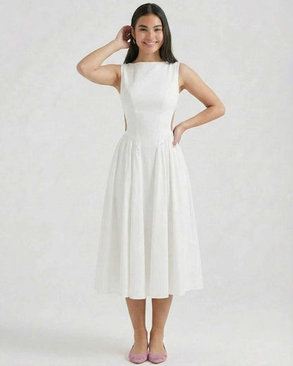 Open Back A-Line Midi Dress With Sleeveless Bodice and Flared Skirt