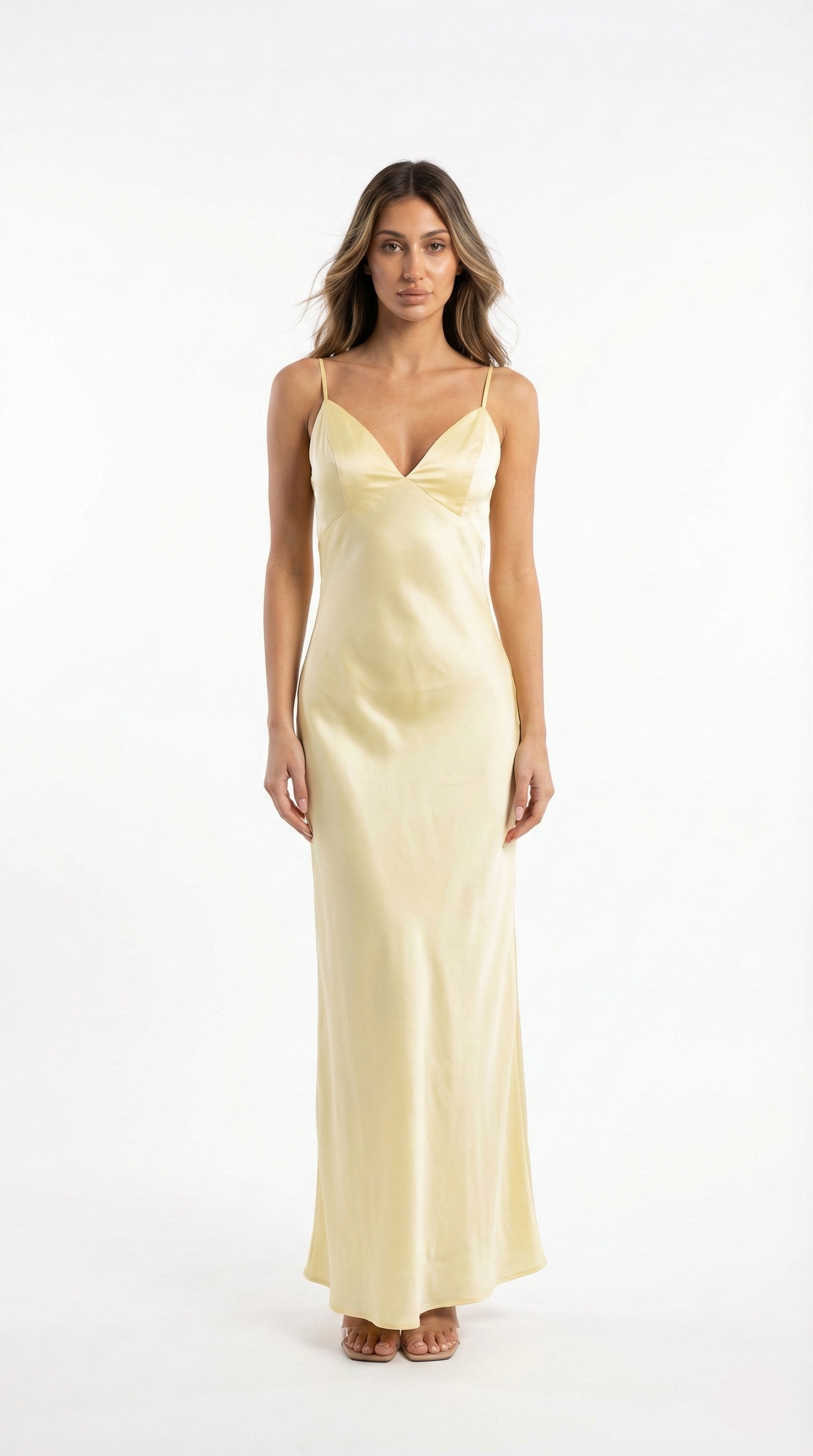 Satin Finish Slip Maxi Dress With V Neck and Spaghetti Straps