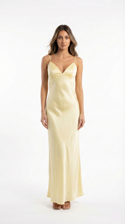 Satin Finish Slip Maxi Dress With V Neck and Spaghetti Straps