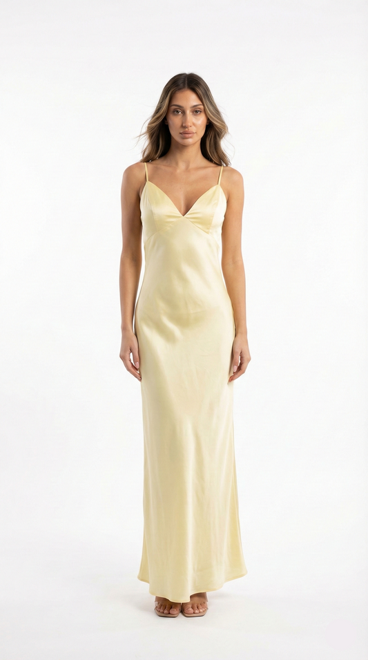Satin Finish Slip Maxi Dress With V Neck and Spaghetti Straps