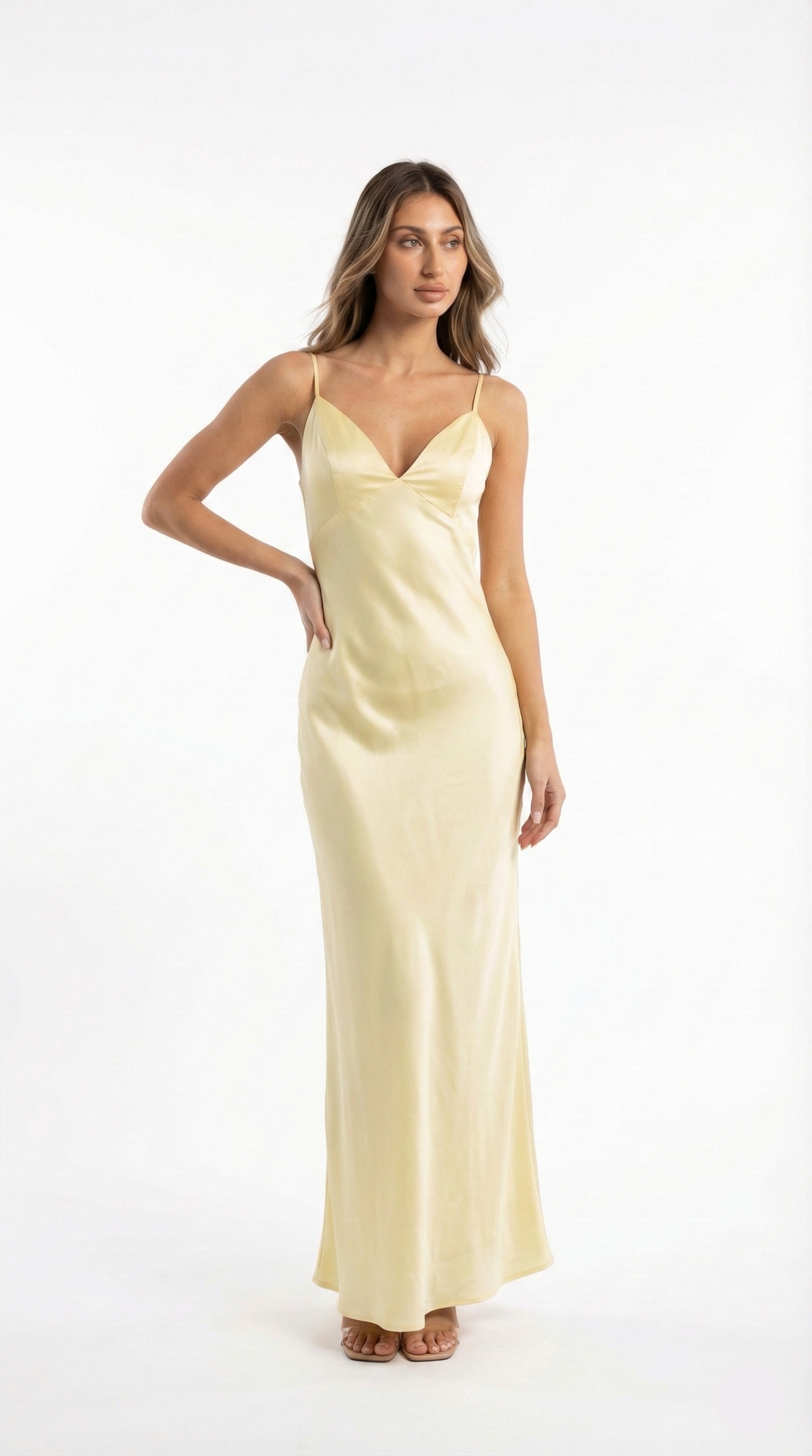 Satin Finish Slip Maxi Dress With V Neck and Spaghetti Straps