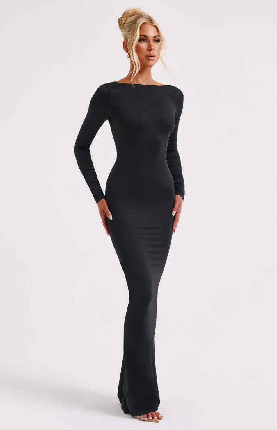 High Neck Long Sleeve Maxi Dress With Open Back and Ruched Detail
