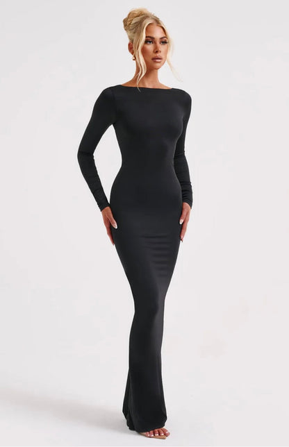 High Neck Long Sleeve Maxi Dress With Open Back and Ruched Detail