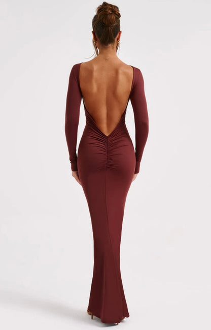 High Neck Long Sleeve Maxi Dress With Open Back and Ruched Detail