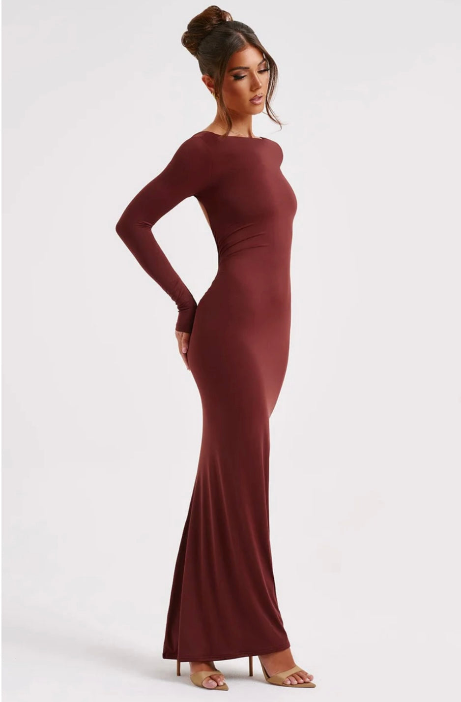 High Neck Long Sleeve Maxi Dress With Open Back and Ruched Detail