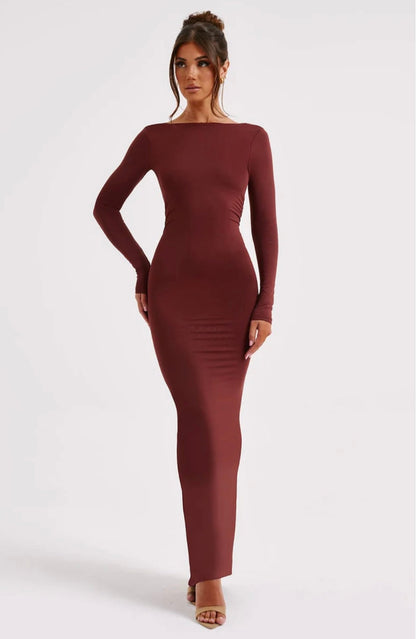 High Neck Long Sleeve Maxi Dress With Open Back and Ruched Detail