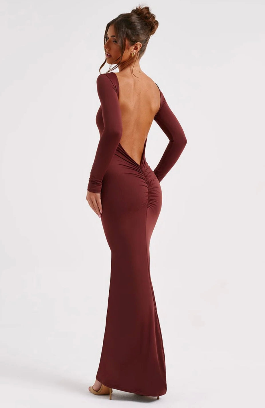 High Neck Long Sleeve Maxi Dress With Open Back and Ruched Detail