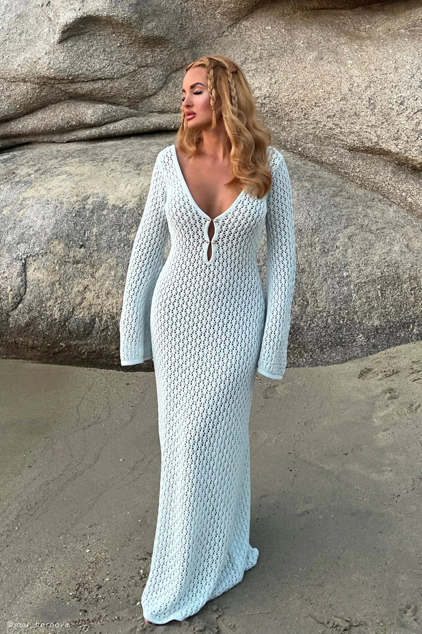 Open Knit Maxi Dress With Flared Sleeves and Long Skirt