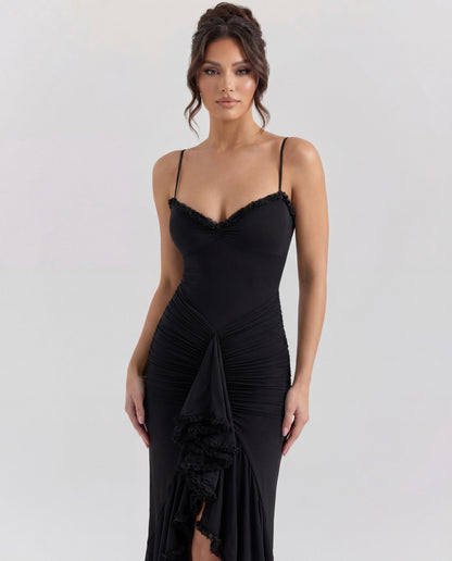 Sweetheart Ruched Maxi Dress With Cascading Ruffle and High Slit