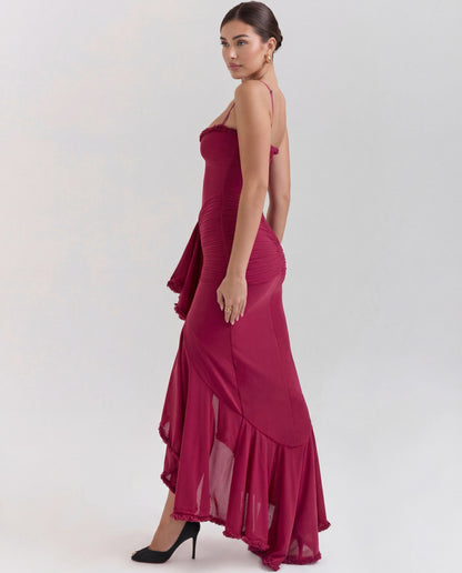 Sweetheart Ruched Maxi Dress With Cascading Ruffle and High Slit