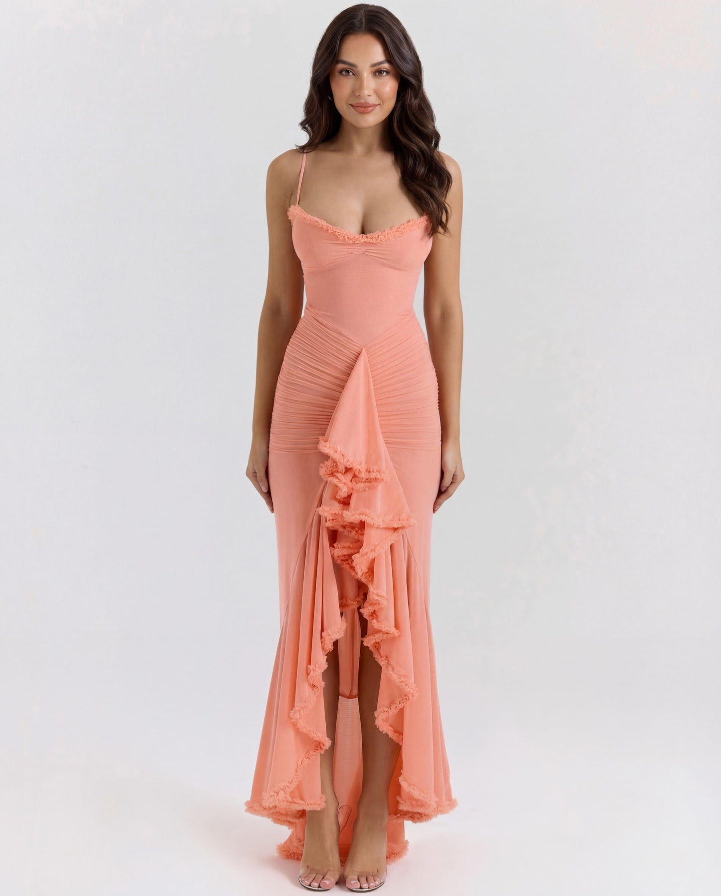 Sweetheart Ruched Maxi Dress With Cascading Ruffle and High Slit