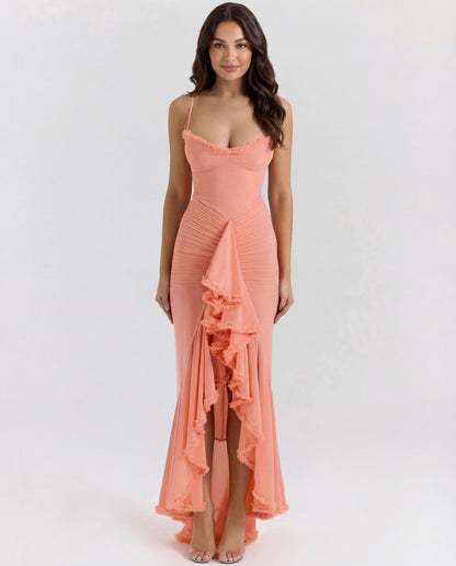 Sweetheart Ruched Maxi Dress With Cascading Ruffle and High Slit
