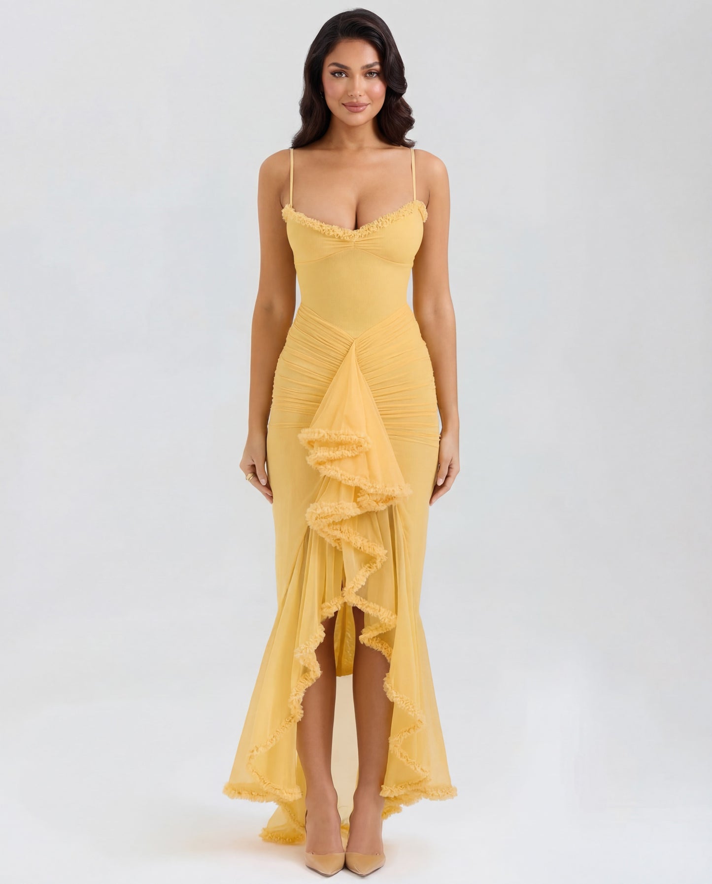 Sweetheart Ruched Maxi Dress With Cascading Ruffle and High Slit