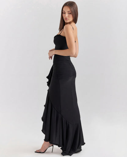 Sweetheart Ruched Maxi Dress With Cascading Ruffle and High Slit