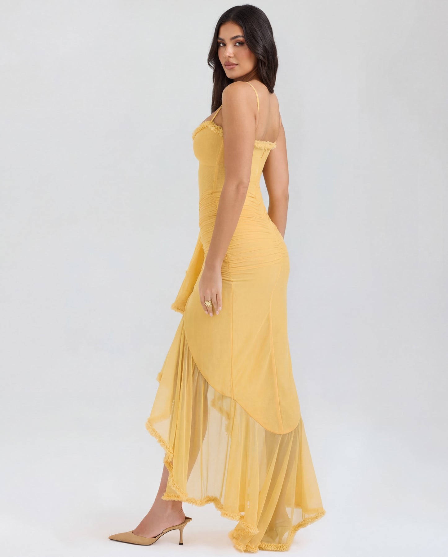 Sweetheart Ruched Maxi Dress With Cascading Ruffle and High Slit