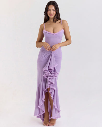 Sweetheart Ruched Maxi Dress With Cascading Ruffle and High Slit