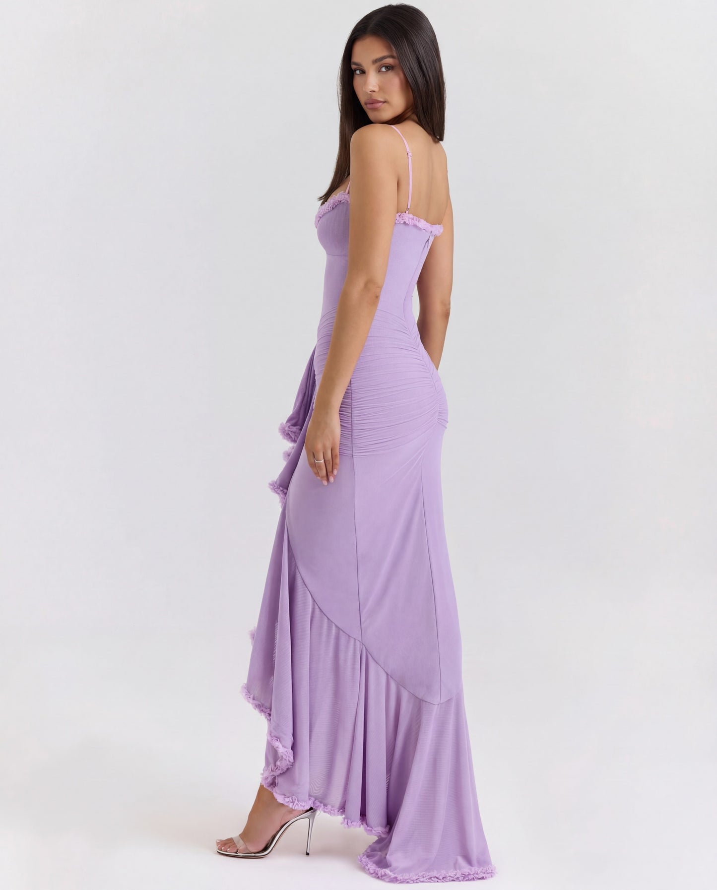 Sweetheart Ruched Maxi Dress With Cascading Ruffle and High Slit
