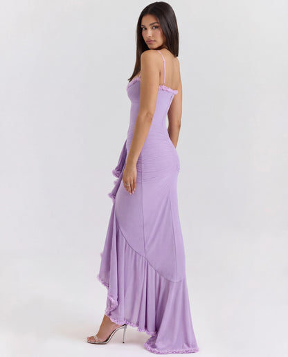 Sweetheart Ruched Maxi Dress With Cascading Ruffle and High Slit