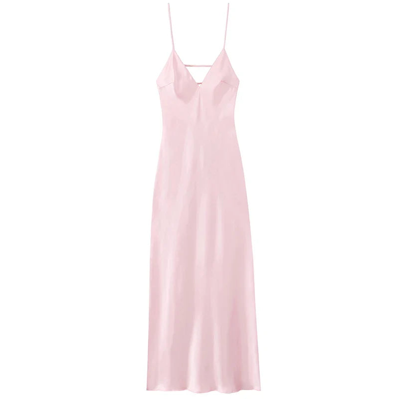 Satin Finish Slip Maxi Dress With V Neck and Spaghetti Straps