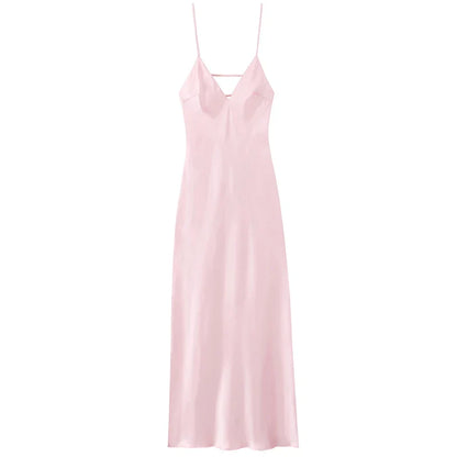 Satin Finish Slip Maxi Dress With V Neck and Spaghetti Straps