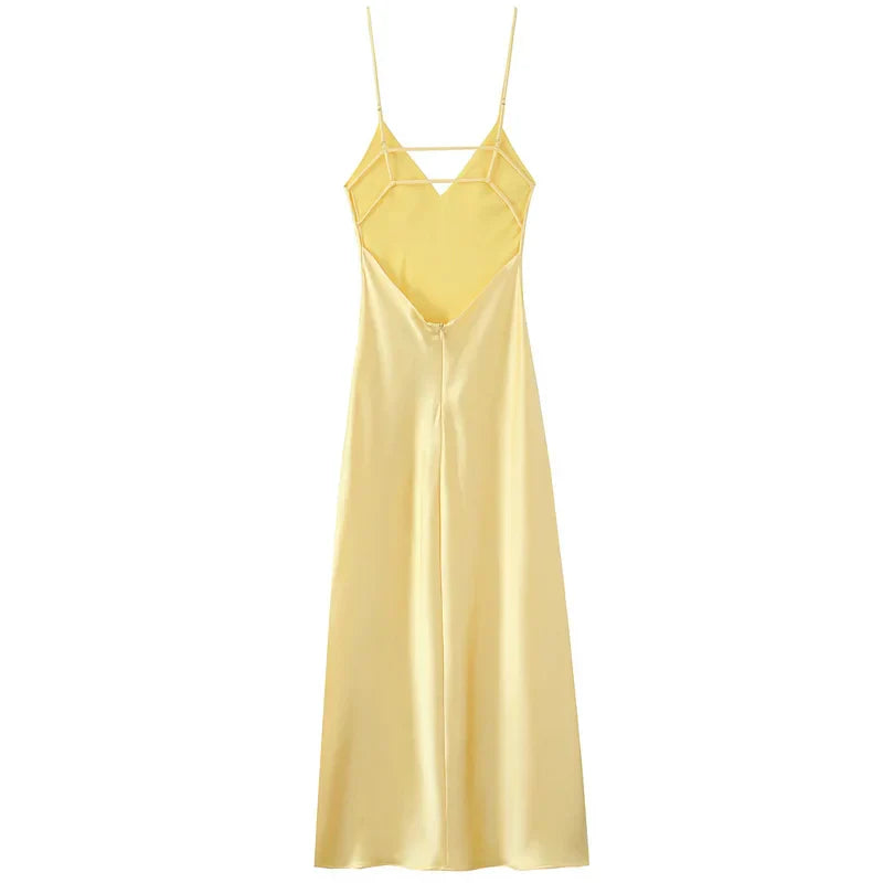 Satin Finish Slip Maxi Dress With V Neck and Spaghetti Straps