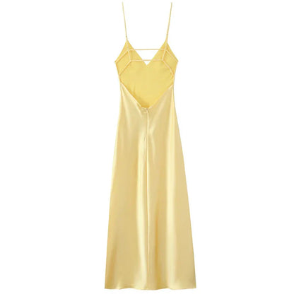 Satin Finish Slip Maxi Dress With V Neck and Spaghetti Straps