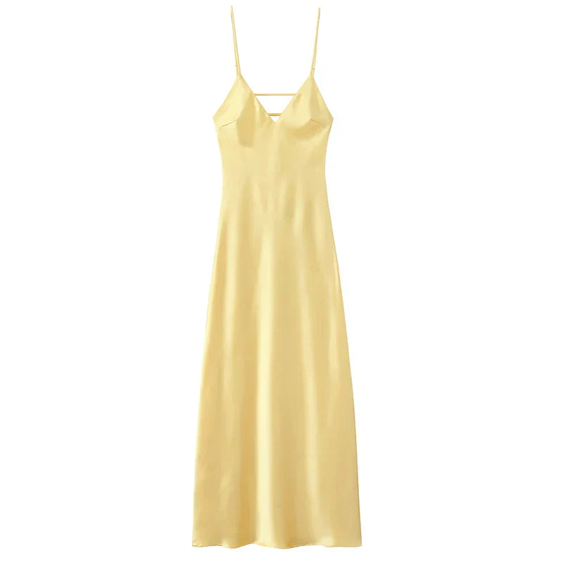 Satin Finish Slip Maxi Dress With V Neck and Spaghetti Straps