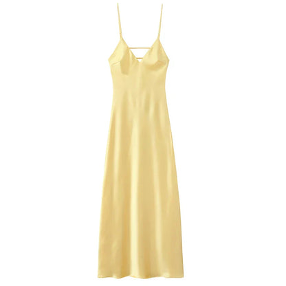 Satin Finish Slip Maxi Dress With V Neck and Spaghetti Straps