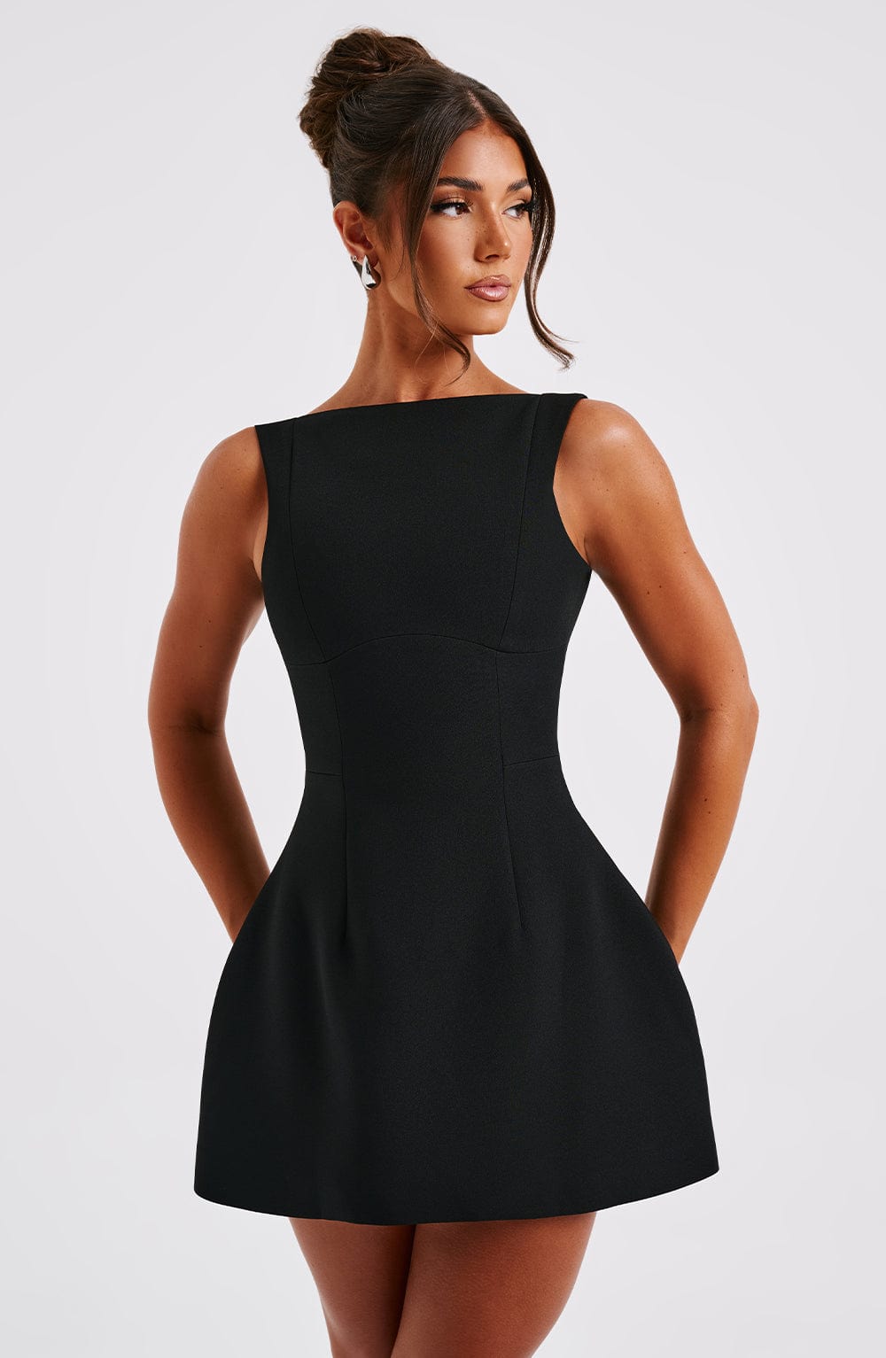 High Neck Bubble Mini Dress With Crepe Fabric and Scoop Back