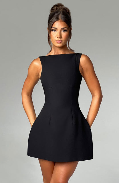 High Neck Bubble Mini Dress With Crepe Fabric and Scoop Back