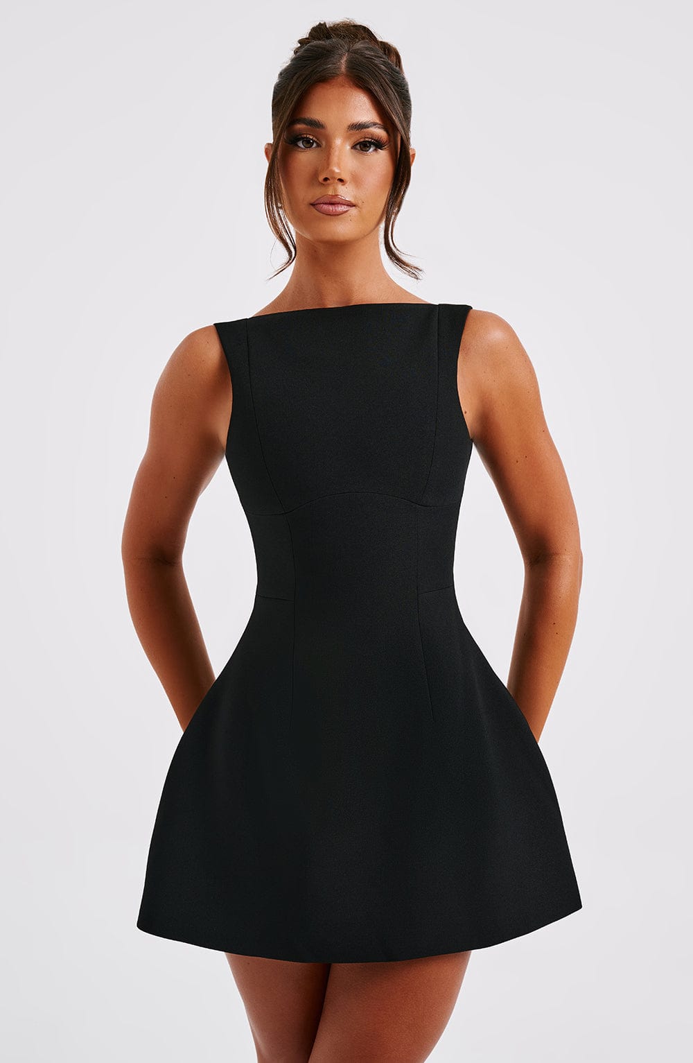 High Neck Bubble Mini Dress With Crepe Fabric and Scoop Back
