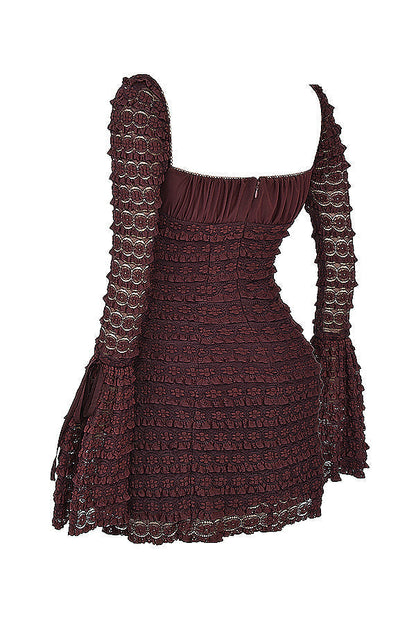 Floral Lace Mesh Mini Dress With Drawstring Bust and Bodycon Fit