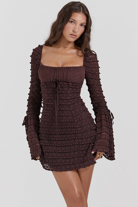 Floral Lace Mesh Mini Dress With Drawstring Bust and Bodycon Fit