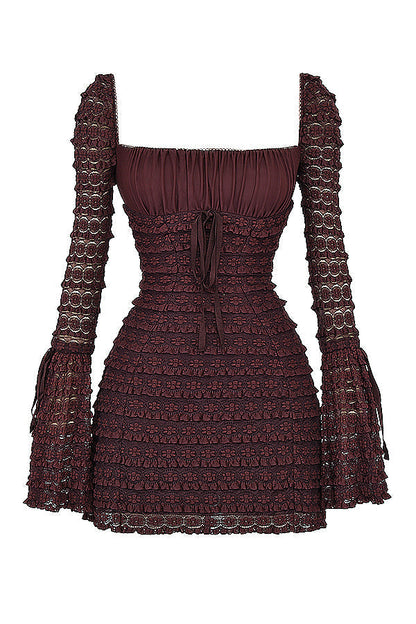 Floral Lace Mesh Mini Dress With Drawstring Bust and Bodycon Fit