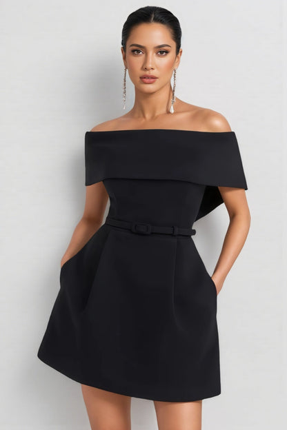 Structured A-Line Off-Shoulder Mini Dress With Fitted Bodice and Short Hem, product image 01.
