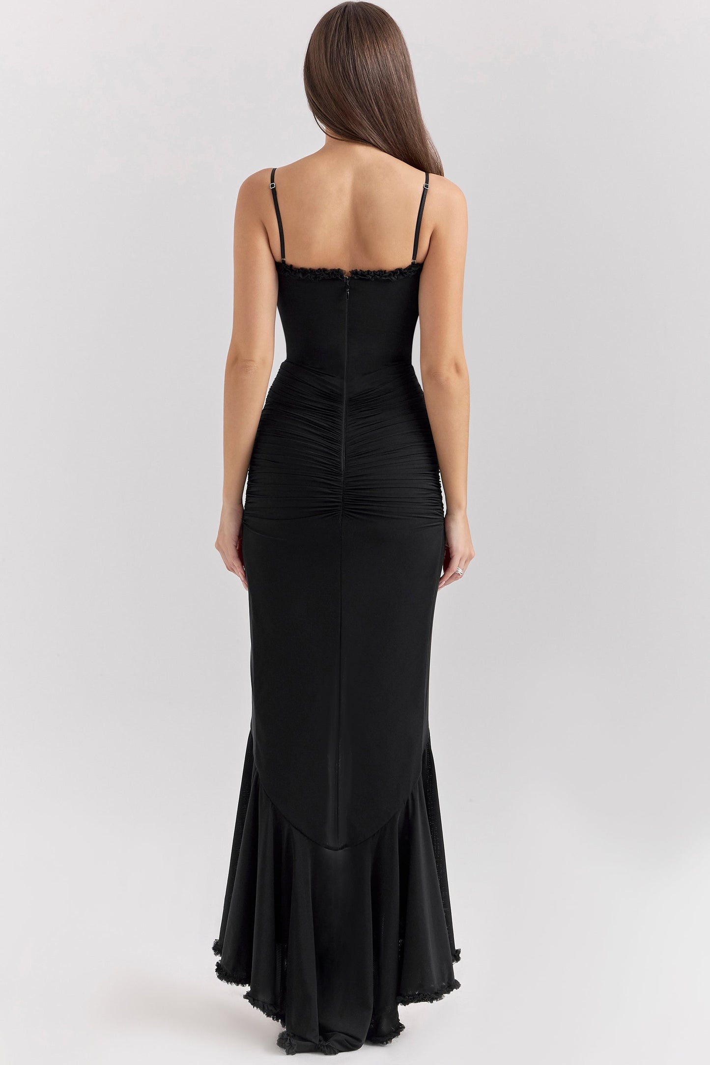 Sweetheart Ruched Maxi Dress With Cascading Ruffle and High Slit